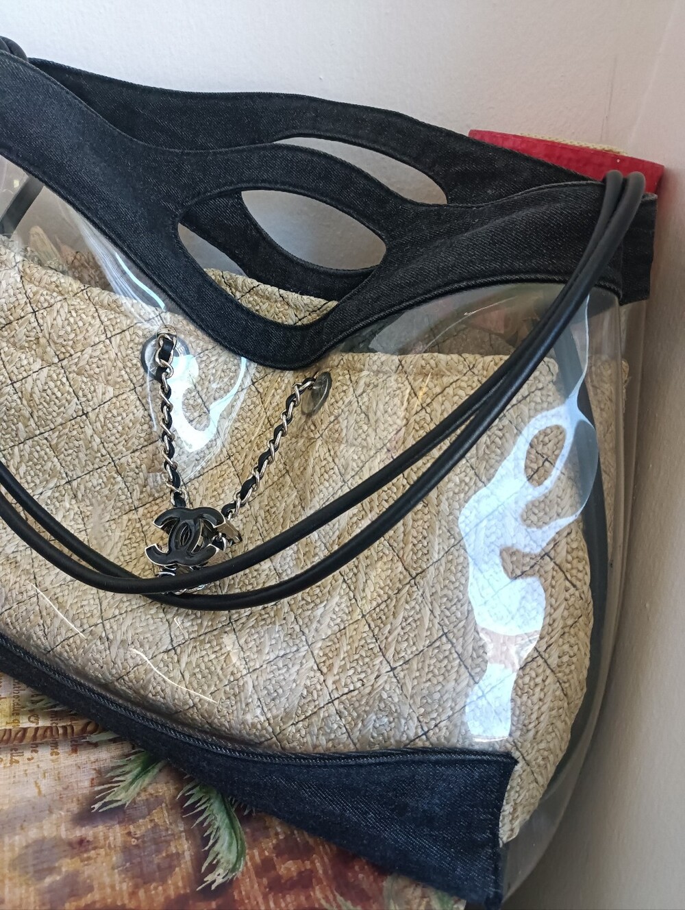 Chic Clear Tote /Shoulder Bag with Woven Beige Insert and Black Trim